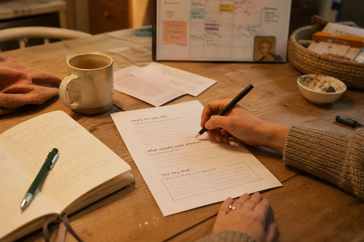 Hands writing on a brain dump page at a kitchen table with a notebook, mug and calendar nearby.